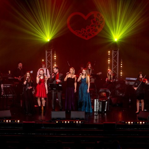 Powiększ obraz: Na zdjęciu podopieczni sekcji wokalnej i instrumentalnej oraz GOK i Przyjaciele występują na scenie ośrodka kultury podczas Koncertu Walentynkowego.